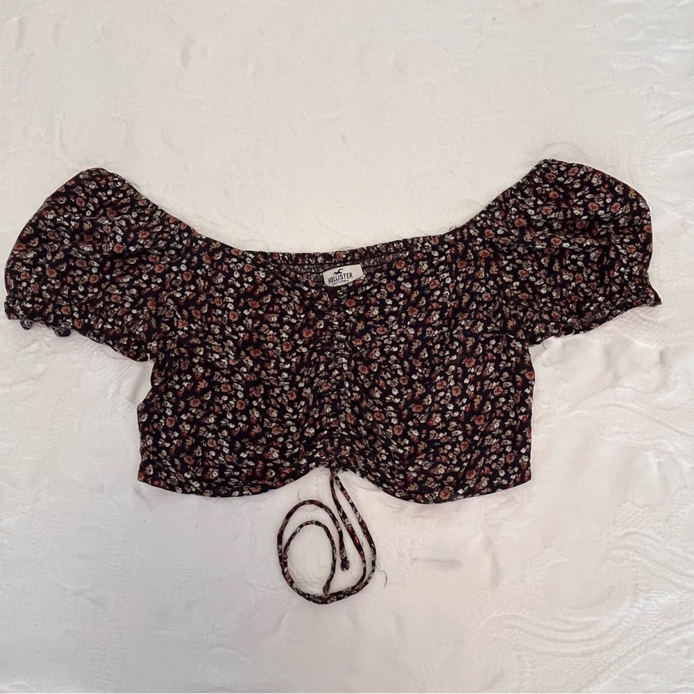 Hollister Navy Floral Cropped Puff Sleeve Off Shoulder Top Scrunch Front Tie LG